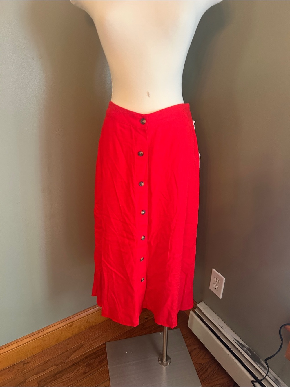LC Lauren Conrad Red Button-Front Midi Skirt Linen Blend